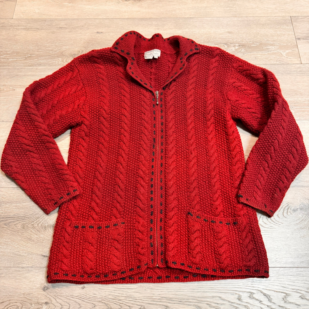 Nomadic‎ Traders Wool Cable Knit Cardigan Sweater Full Zip Pockets Red Medium M